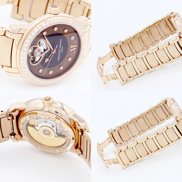 FREDERIQUE CONSTANT フレデリックコンスタント ダブルハートビート ダイヤ FC-303/310X2P4/5/6 純正ダイヤモンド 8Pダイヤ ダイヤベゼル 茶 ブラウン シェル SS ステンレス PGP ピンクゴールド レディース 自動巻き 【6ヶ月保証】【腕時計】【中古】