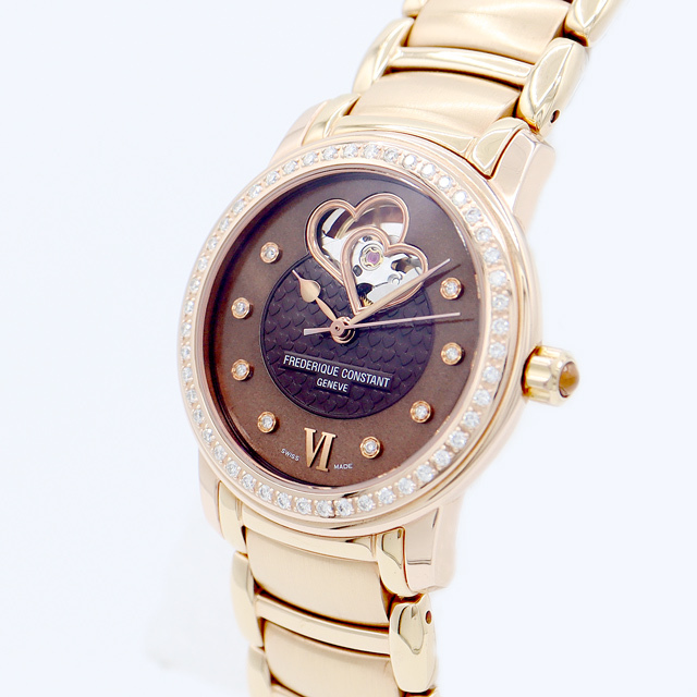 FREDERIQUE CONSTANT フレデリックコンスタント ダブルハートビート ダイヤ FC-303/310X2P4/5/6 純正ダイヤモンド 8Pダイヤ ダイヤベゼル 茶 ブラウン シェル SS ステンレス PGP ピンクゴールド レディース 自動巻き 【6ヶ月保証】【腕時計】【中古】