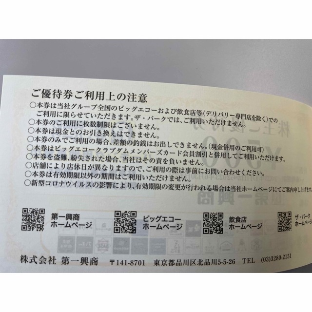 ビックエコー　株主優待　5000円分 チケットの優待券/割引券(その他)の商品写真