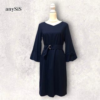 エニィスィス(anySiS)の美品 エニィスィス 美シルエット ワンピース フレアスリーブ ネイビー サイズ2(ロングワンピース/マキシワンピース)