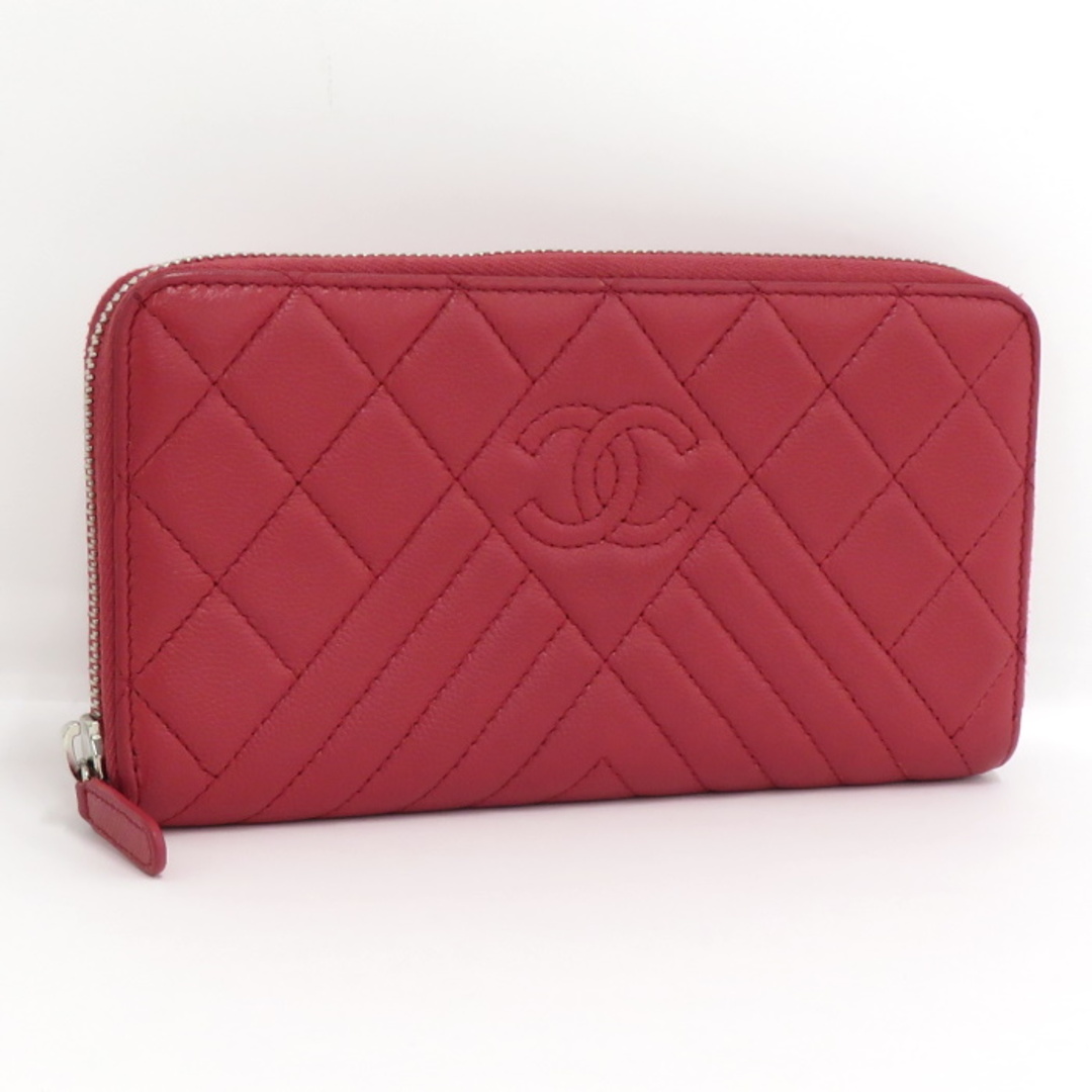 CHANEL ラウンドファスナー長財布 キャビアスキン レッド系 A81422レディース