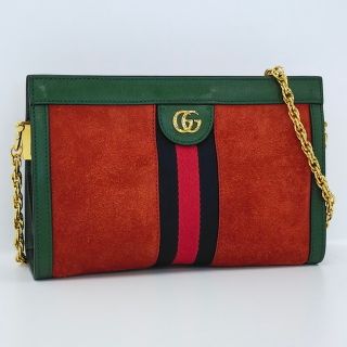 グッチ(Gucci)のGUCCI シェリーライン チェーンショルダーバッグ スエード オレンジ(ショルダーバッグ)