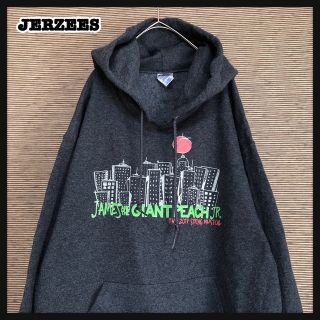 ジャージーズ(JERZEES)の【ジャージーズ】プルオーバーパーカー　総柄　ピーチ　桃　ミュージック　バンドJ７(パーカー)