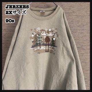 ジャージーズ(JERZEES)のジャージーズ】スウェット　90S　デカプリント　トナカイ総柄　ボタン　黄土色J７(スウェット)