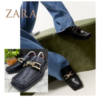 ザラ(ZARA)の✨美品 ZARA ザラ ビットローファー ミュール 2way パイソン 本革 黒(ローファー/革靴)