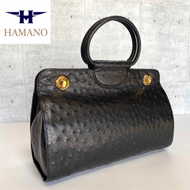 美品】HAMANO 濱野皮革工藝 オーストリッチ 黒 ゴールド金具ハンドバッグ-