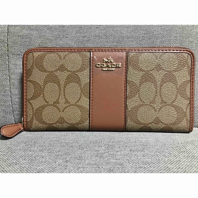 COACH コーチ キャンバス レザー シグネチャー ラウンドファスナー 長財布 53744 ベージュ/ブラウン gy