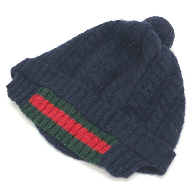 グッチ GUCCI ポンポン付き シェリーライン ニット帽 ウール ブルー