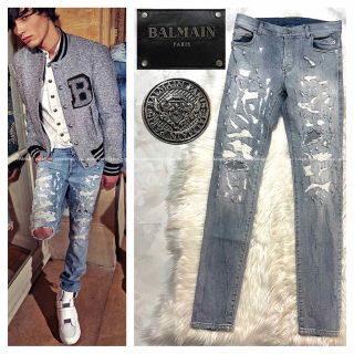 バルマン(BALMAIN)の本物 美品 ルックブック掲載 バルマンオム レザー使い クラッシュ デニムパンツ(デニム/ジーンズ)