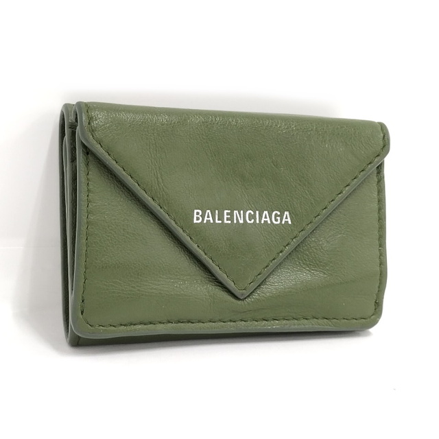 グリーン素材ラインBALENCIAGA ペーパーミニウォレット コンパクト財布 レザー グリーン
