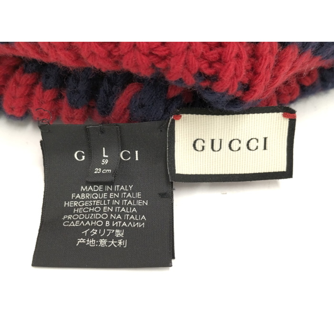 GUCCI - GUCCI ニット帽 帽子ビー ウール レッド ネイビー L GUCCI - GUCCI ニット帽 帽子ビー ウール レッド ネイビー L