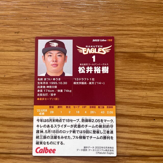 東北楽天ゴールデンイーグルス(トウホクラクテンゴールデンイーグルス)の松井裕樹野球カード エンタメ/ホビーのタレントグッズ(スポーツ選手)の商品写真