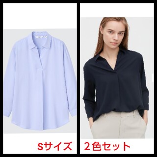 ユニクロ(UNIQLO)の新品未使用　特価　ユニクロ　レーヨンスキッパーブラウス　八分袖　ブルー　ネイビー(シャツ/ブラウス(長袖/七分))