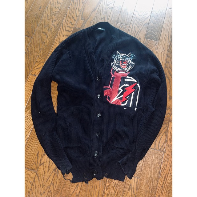 ディーゼル クラッシュ加工刺繍パッチロングカーディガン - カーディガン