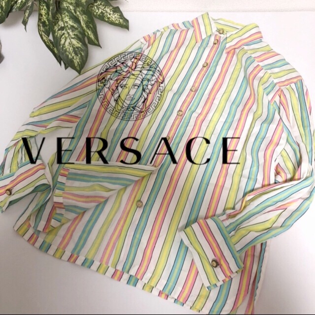 VERSACE メデューサボタン カフス付 ストライプシャツ約515cm身幅