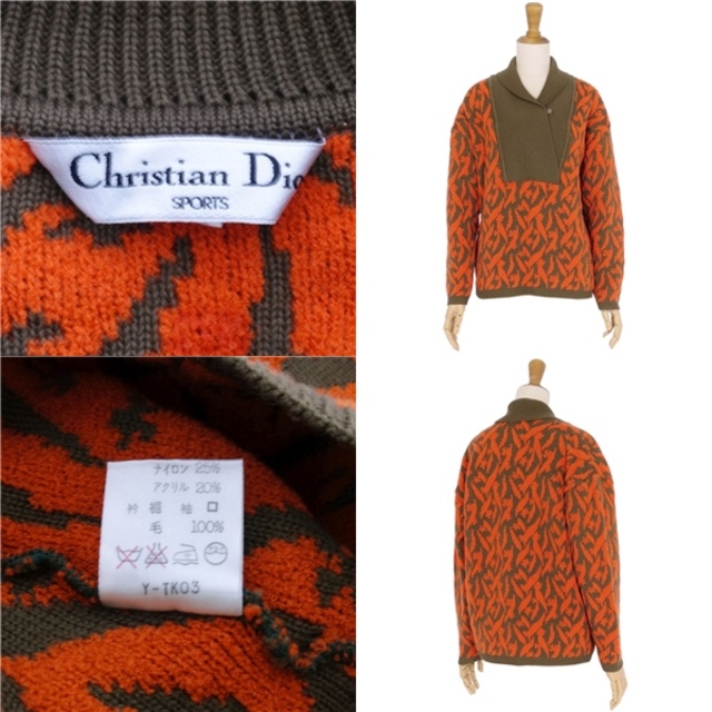 Christian Dior(クリスチャンディオール)の美品 Vintage クリスチャンディオール Christian Dior SPORTS ニット セーター ロングスリーブ 総柄 ウール トップス レディース M オレンジ/カーキ レディースのトップス(ニット/セーター)の商品写真