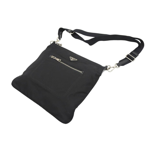 PRADA プラダ ショルダーバッグ ブラック 斜め掛け 三角ロゴプレート ナイロン レザー シルバー金具 中古 42709 正規品