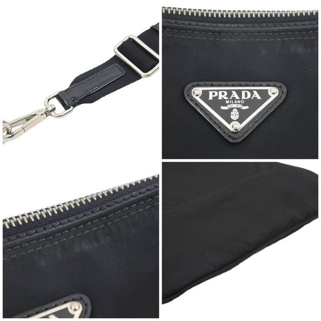 PRADA プラダ ショルダーバッグ ブラック 斜め掛け 三角ロゴプレート ナイロン レザー シルバー金具 中古 42709 正規品