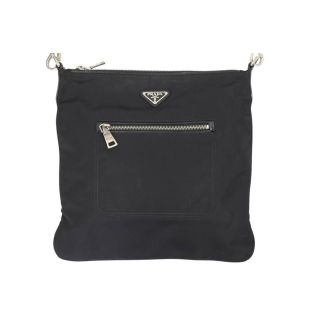 PRADA プラダ ショルダーバッグ ブラック 斜め掛け 三角ロゴプレート ナイロン レザー シルバー金具 中古 42709 正規品