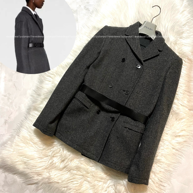 本物 美品 PRADA プラダ Wボタン レザーベルト付き ジャケット P