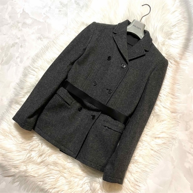 本物 美品 PRADA プラダ Wボタン レザーベルト付き ジャケット Pコート