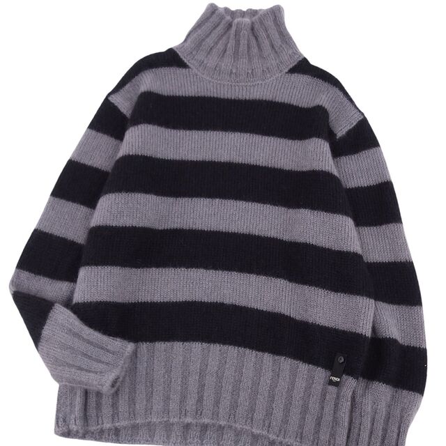 美品 フェンディ FENDI ニット 2021AW モヘア ウール タートルネック セーター メンズ ボーダー トップス 52(LL相当) グレー/ブラック