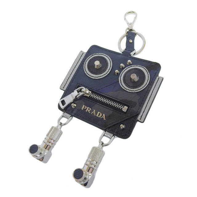 中古】 PRADA プラダ サフィアーノ レザー ロボット キーホルダー コインケース ネイビー/ブラック SAFFIANO メタル gy  【受注生産品】 49.0%割引