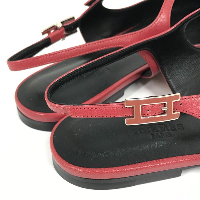 エルメス HERMES バックストラップパンプス Hロゴ金具 アンクルストラップ フラット サンダル レザー ワインレッド系 美品