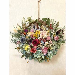 薔薇＆紫陽花　ドライフラワー 花かごリース 橤 ミル・フルール〜新春の夢(リース)