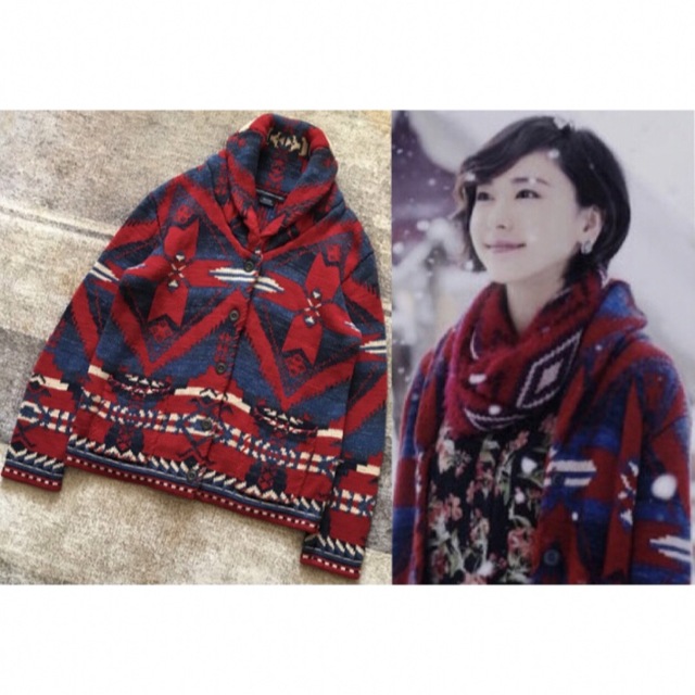 年末のプロモーション ラルフローレン 新垣結衣さん着 美しいカラー配色 - Lauren Ralph 雪柄 L カーディガン ニット カーディガン