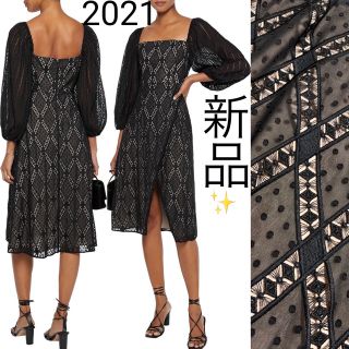 アリスアンドオリビア(Alice+Olivia)の新品 alice+olivia ダイヤ×ストライプ 刺繍レース ワンピースドレス(ロングワンピース/マキシワンピース)