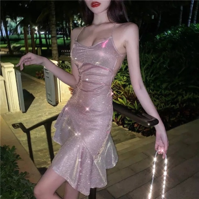 キラキラ偏光ラメ ピンクゴールド タイトセクシードレス ベージュ