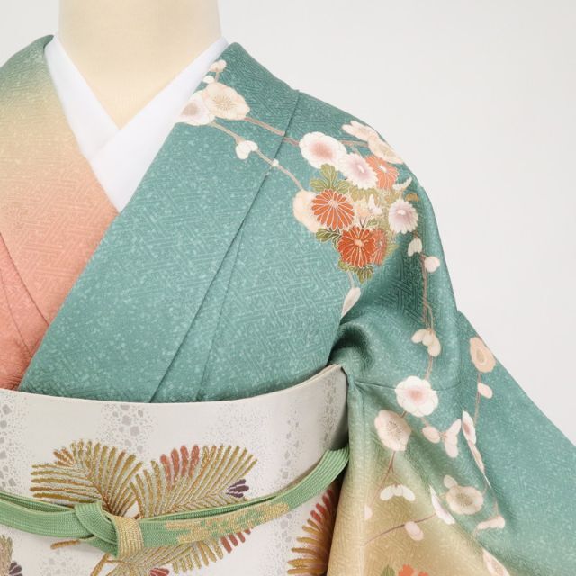 訪問着*袷着物 染め分け 花丸模様 落款有 略礼装着 緑色 正絹 11HY27