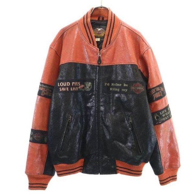 ハーレーダビッドソン 90s 中綿 レザージャケット L オレンジ×黒 HARLEY DAVIDSON ヴィンテージ加工 メンズ 【R221206】