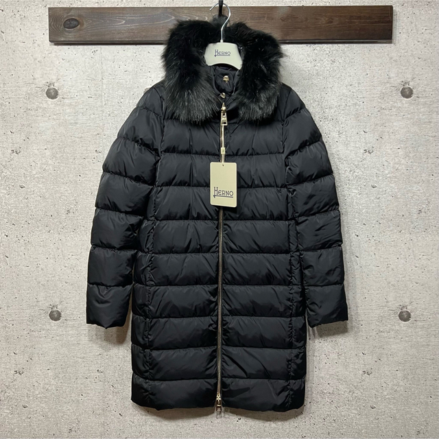 新品 HERNO ヘルノ 38 ファー ロングダウンコート ブラック ジャケット-