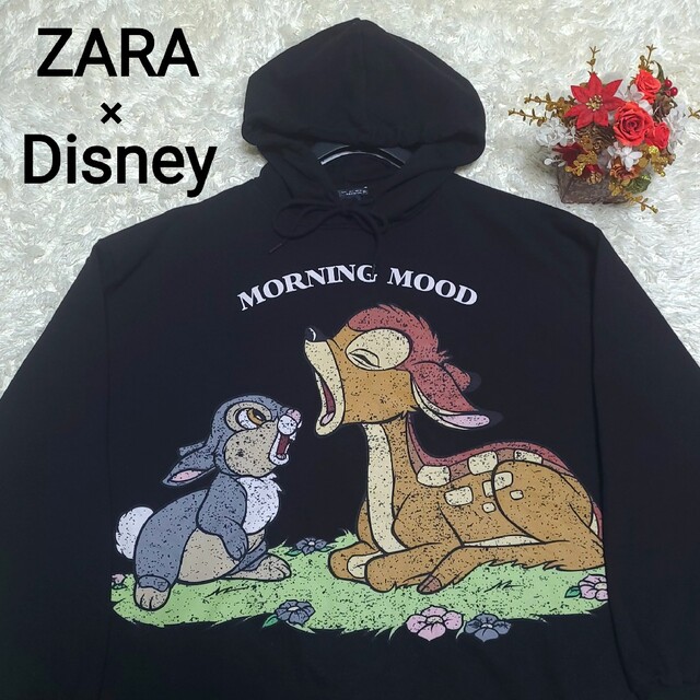 ZARA Disney バンビ プルオーバーパーカー 黒 L ダメージ加工 美品