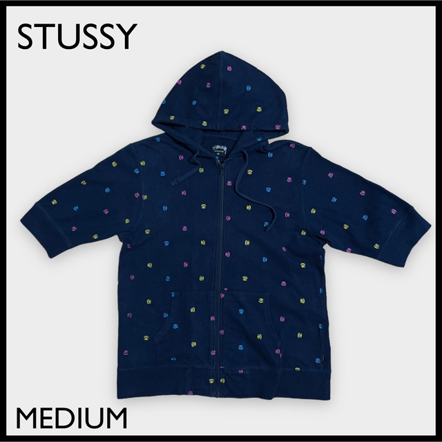 【STUSSY】刺繍ロゴ 半袖 スウェット パーカー M ステューシー USパーカー