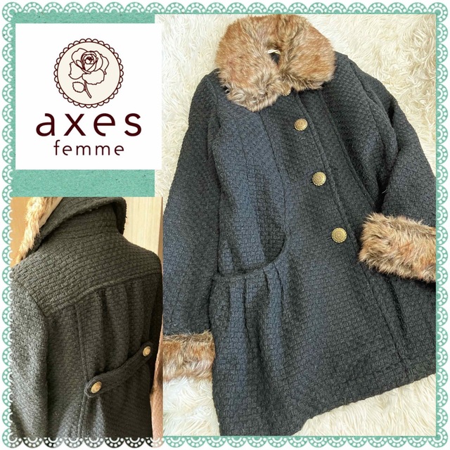 axes femme(アクシーズファム)のアクシーズファム★axes★ファー襟取り外し可★毛素材ツイードコート レディースのジャケット/アウター(ロングコート)の商品写真