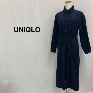 ユニクロ(UNIQLO)のUNIQLO ユニクロ ウエストリボンシャツワンピース ネイビー レディース(ロングワンピース/マキシワンピース)