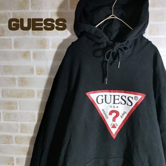 GUESS ゲス パーカー プルオーバー 黒 ブラック ワンポイントロゴ