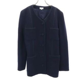 フォクシー ノーカラージャケット ジップアップ ストレッチ 紺 白 38