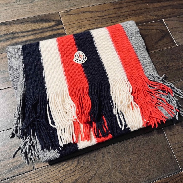 美品】MONCLER マフラー トリコロール モンクレール ネイビー 美品】MONCLER マフラー トリコロール モンクレール ネイビー