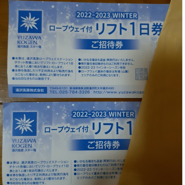 湯沢高原　スキー場　ロープウェイ付リフト券　１日券　二枚セット