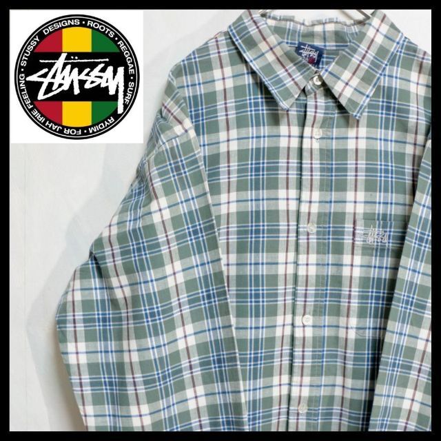 【USA製】old stussy シャツ 長袖 オンブレチェック 刺繍ロゴ L