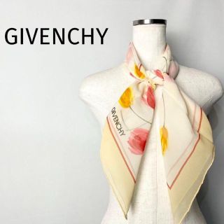 ジバンシィ(GIVENCHY)の美品　OLD GIVENCHY シルクスカーフ　ホワイトベージュ　花柄　絹(バンダナ/スカーフ)