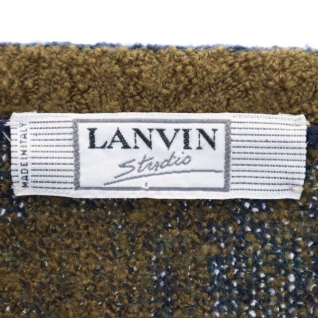 ランバン 80s モヘア混 ヴィンテージ イタリア製 ウールブレンド 総柄 ニット 46 紺×茶 LANVIN Studio Vネック 長袖 セーター メンズ   【221013】