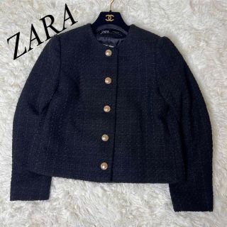 ザラ(ZARA)の【新品未使用】ZARA ツイードジャケット ゴールドボタン Mサイズ ブラック(ノーカラージャケット)