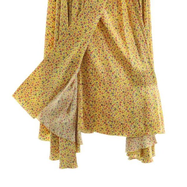 ドゥロワー シルク 小花柄 ロング フレア ラップスカート 38 黄 Drawer ユナイテッドアローズ 絹 総柄 巻きスカート レディース 【R220905】