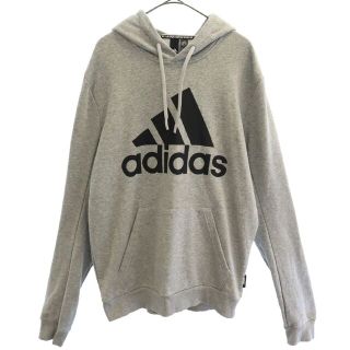 アディダス(adidas)のアディダス ロゴプリント スウェットプルパーカー L グレー_ブラック adidas メンズ 【中古】  【221231】(パーカー)