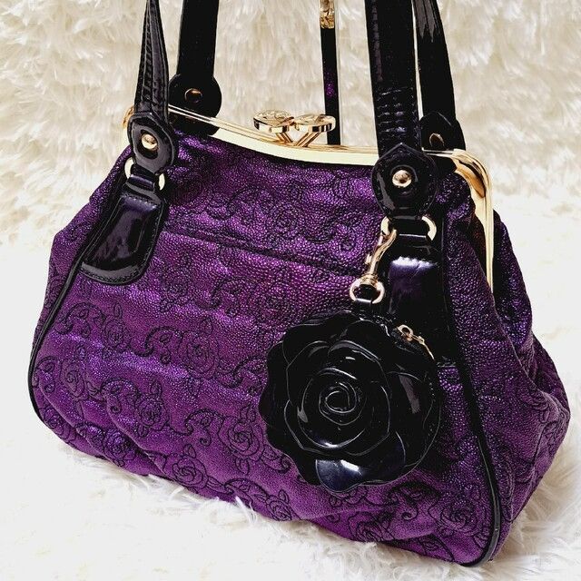 【ANNA SUI】カメリアケース付花柄がま口ハンドバッグ紫バッグ